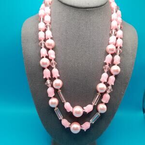 Vintage Pink Molded Lucite Bead Necklace, Two Strands, 21", Vintage Jewelry